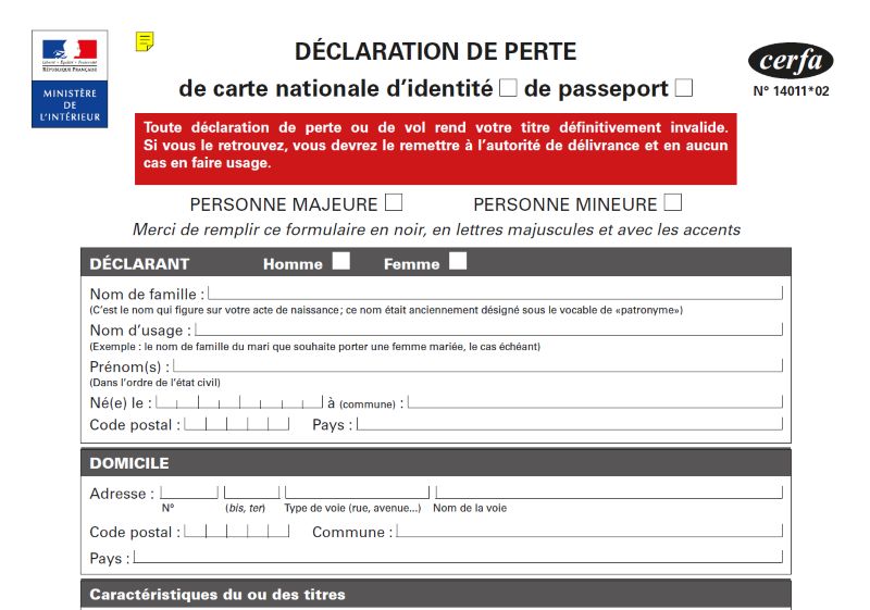 FORMULAIRE DE DÉCLARATION DE PERTE D'UN PASSEPORT OU D'UNE CARTE D'IDENTITÉ