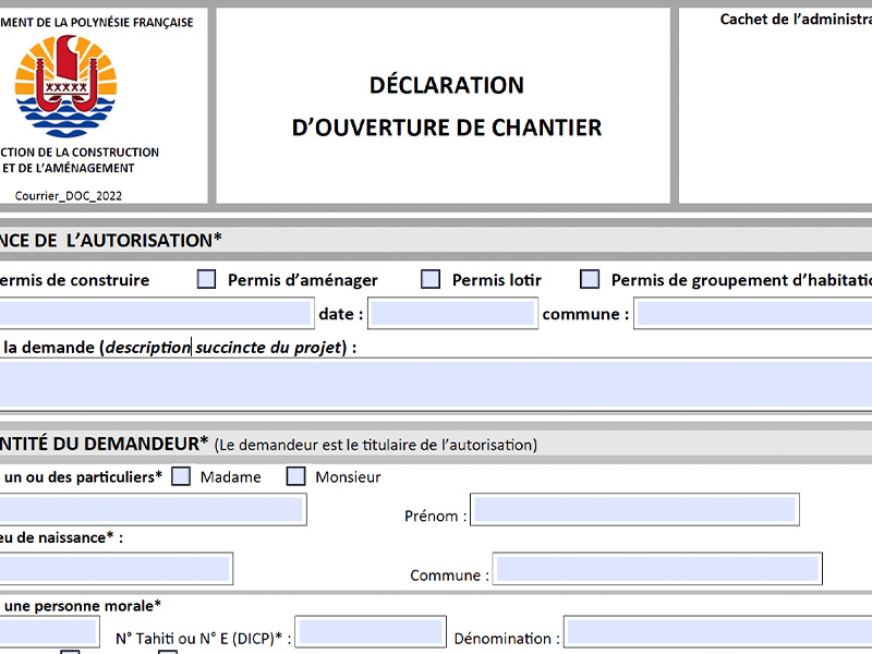 FORMULAIRE DÉCLARATION D'OUVERTURE DE CHANTIER