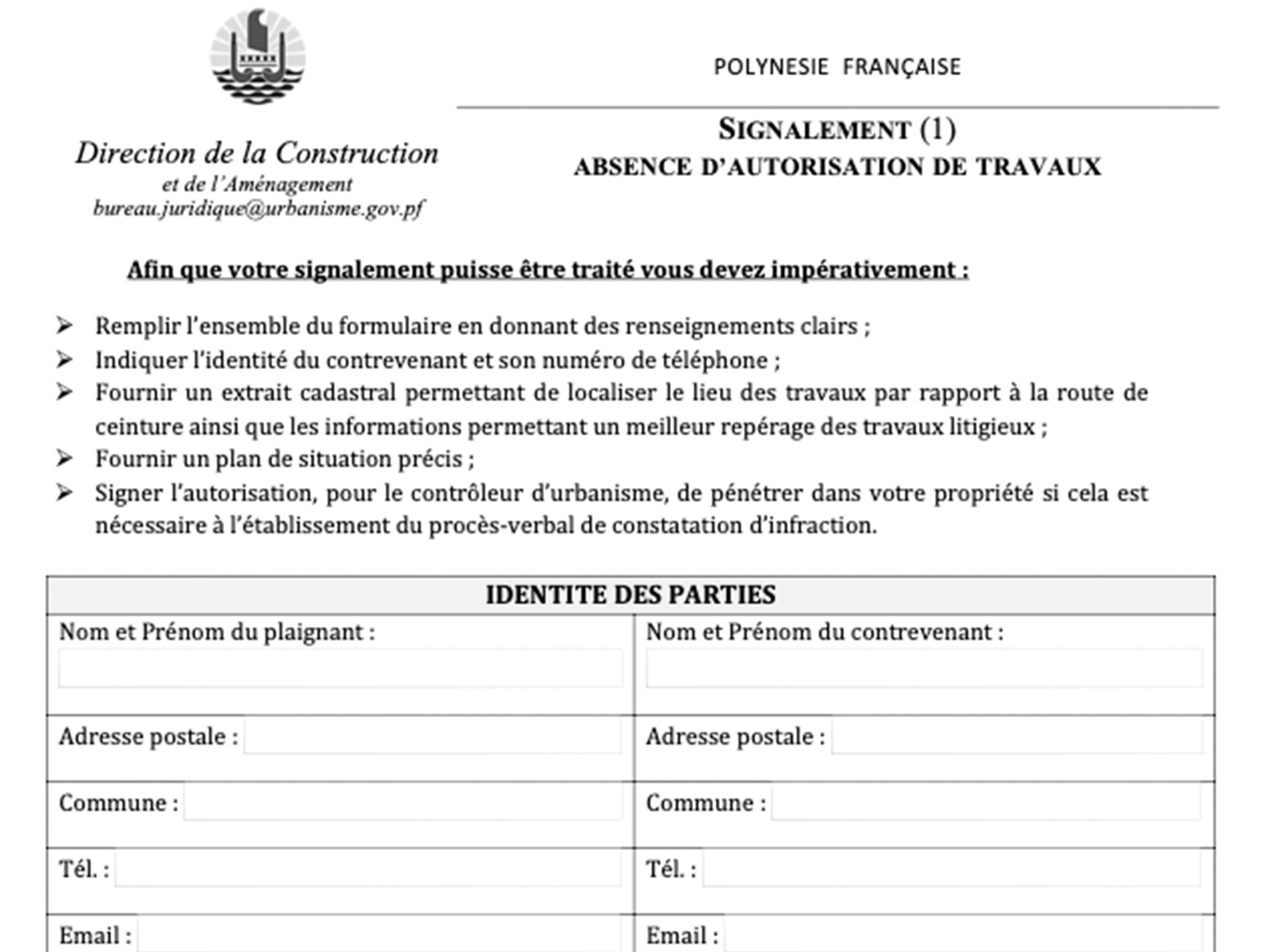 FORMULAIRE SIGNALEMENT D'ABSENCE D'AUTORISATION DE TRAVAUX