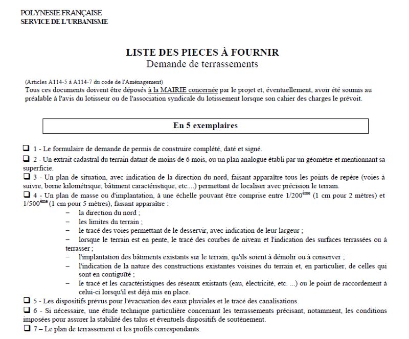DEMANDE DE TERRASSEMENT - LISTE DES PIÈCES