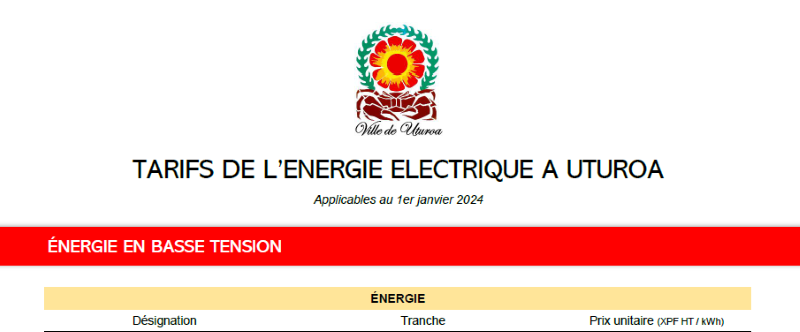 TARIF DE L'ENERGIE ELECTRIQUE A UTUROA